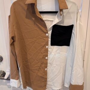 SHEIN Women's Brown and White Button Down Shirt with Black Pocket